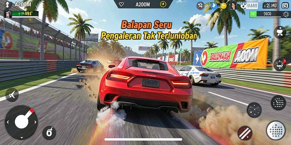 Screenshot dari gameplay A200M menunjukkan balapan yang intens dan grafis yang memukau.