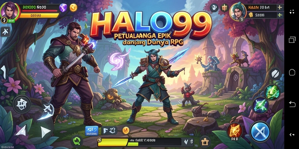 Tangkapan layar utama HALO99 menunjukkan aksi pertarungan RPG yang mendebarkan.
