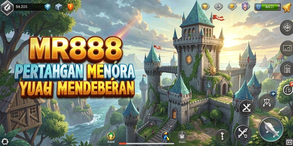 Tangkapan layar gameplay MR888 menampilkan aksi menara pertahanan yang intens.