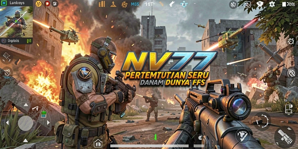Tampilan gameplay NV77 yang intens dengan aksi pertempuran FPS.