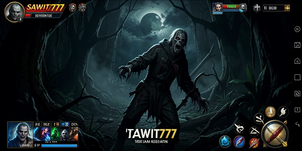 Screenshot gameplay SAWIT777 menampilkan suasana horor yang mencekam.