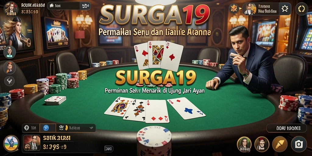 Screenshot gameplay <strong>SURGA19</strong> menampilkan aksi poker seru dengan pemain global.
